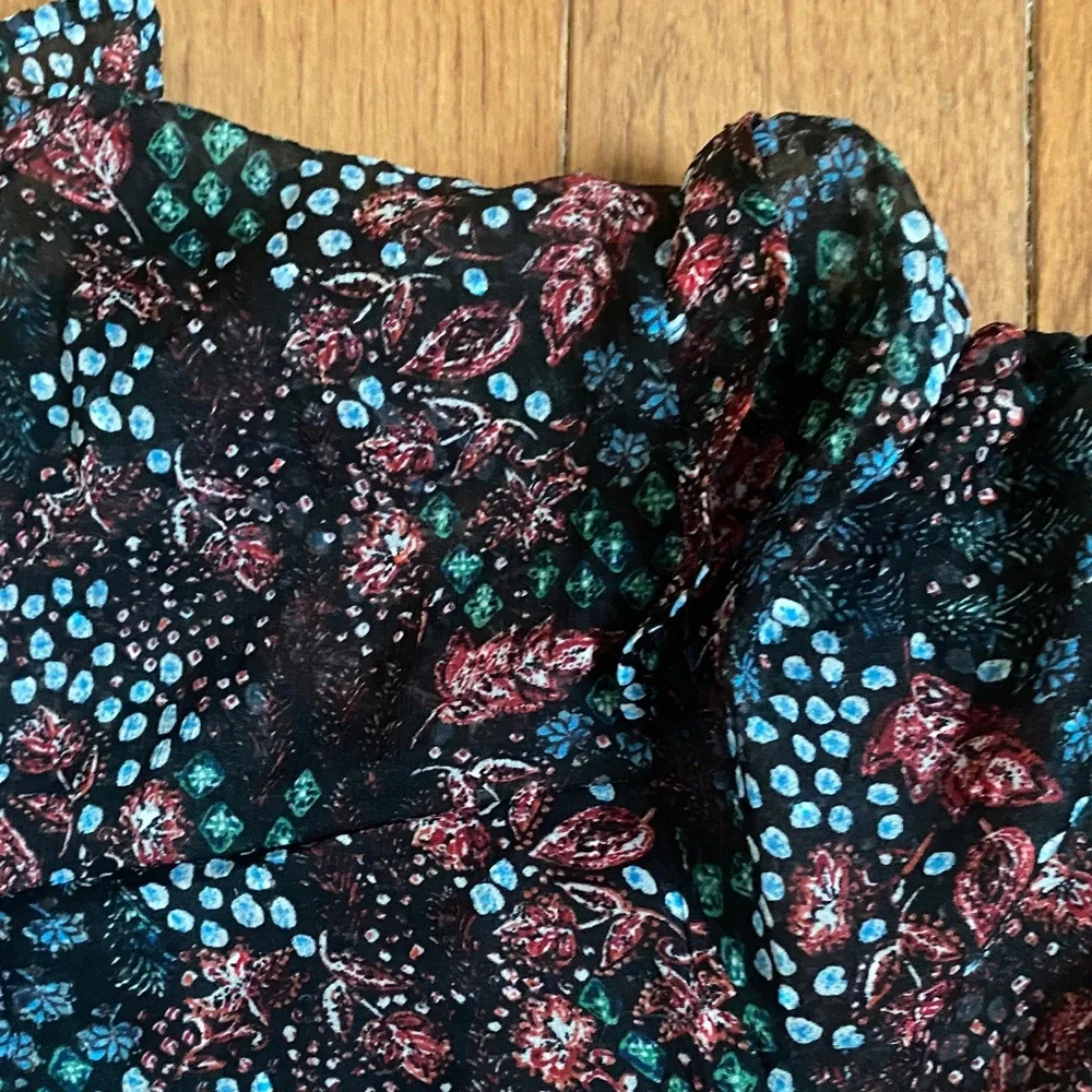 LOFT Floral Sheer Blouse Smocked Ruffle Neck Puff Sleeve Top Small
